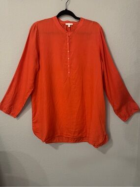 Eileen Fisher Organic Irish Linen Henley Tunic Top Coral Orange Size Large